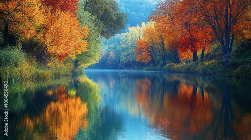  A peaceful river reflecting the autumn foliage in the surrounding trees. 