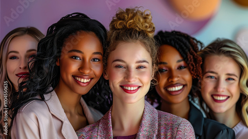 Diverse Multiracial and Multicultural Women Celebrating Women's Equality Day, Smiling Female Colleagues in Colorful Setting, Empowerment and Inclusivity, International Women's Day Photoshoot photo