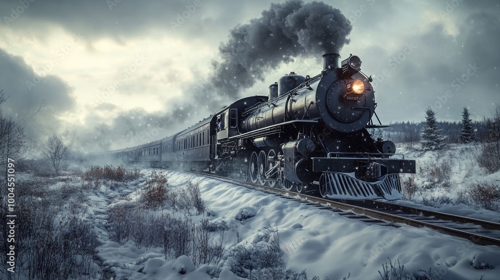 Fototapeta premium A black steam train cuts through a snowy countryside under an overcast sky, with a low angle capturing the moody atmosphere.