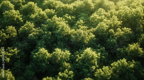 Aerial view of a lush green forest in spring with vibrant greenery and morning light.