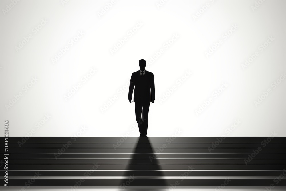 Obraz premium Silhouette of a man ascending stairs against a clean white background, isolated image