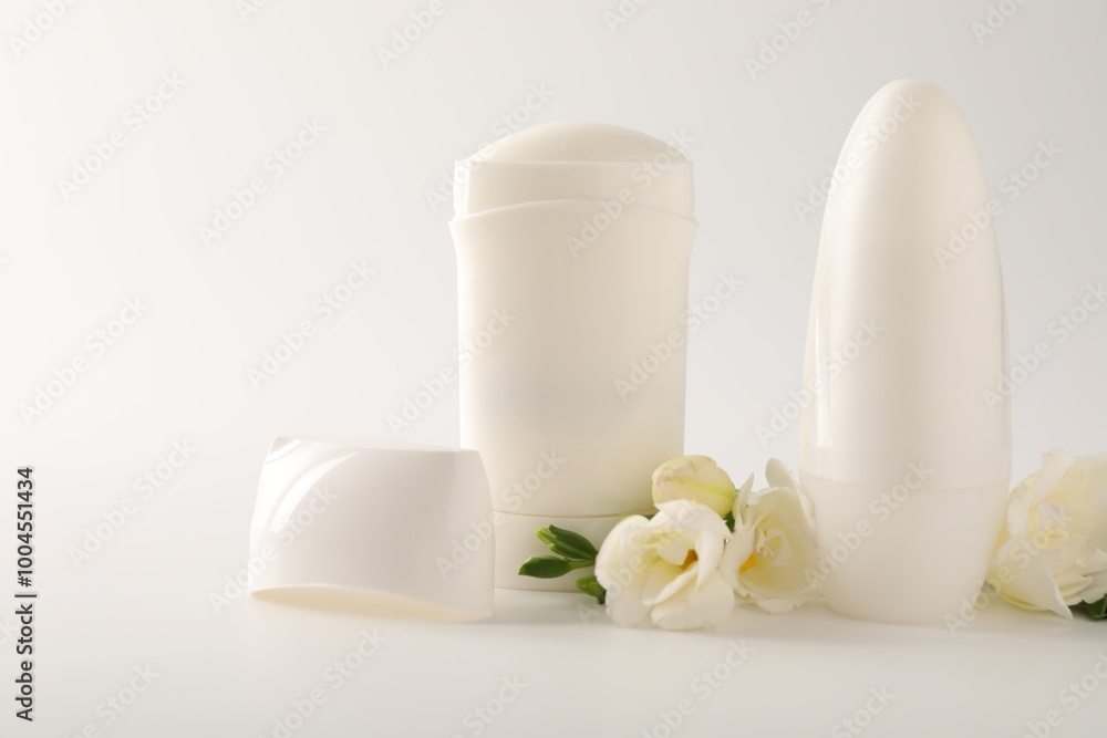 Different deodorants and beautiful eustoma flowers on white background Different deodorants and beautiful eustoma flowers on white background