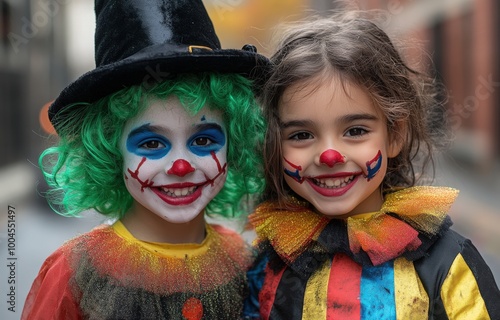 Two cheerful children in colorful clown costumes celebrate fun in the city streets