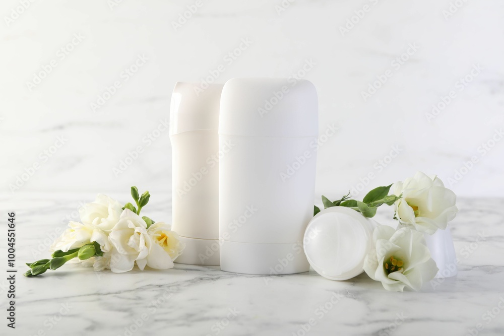 Solid deodorants and beautiful eustoma flowers on white marble table Solid deodorants and beautiful eustoma flowers on white marble table