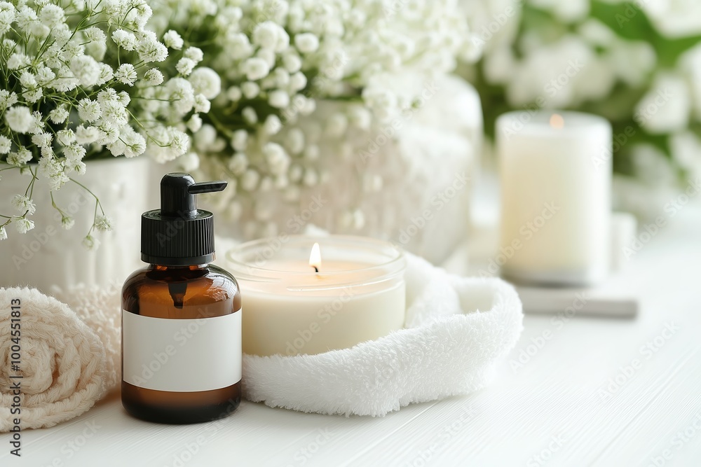 Close-up of handmade candles and organic skincare products displayed with white towels and flowers Close-up of handmade candles and organic skincare products displayed with white towels and flowers