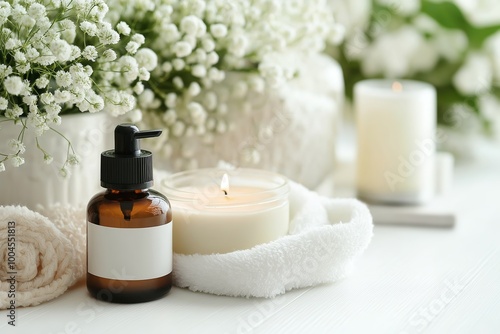 Close-up of handmade candles and organic skincare products displayed with white towels and flowers