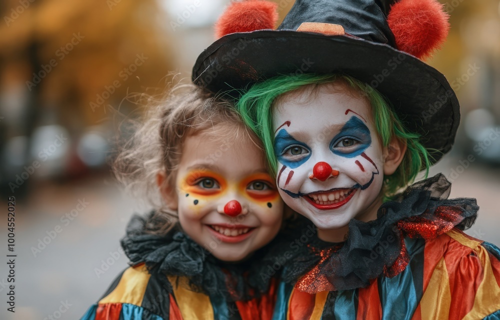 Two children in colorful clown costumes enjoying a playful moment outdoors Two children in colorful clown costumes enjoying a playful moment outdoors