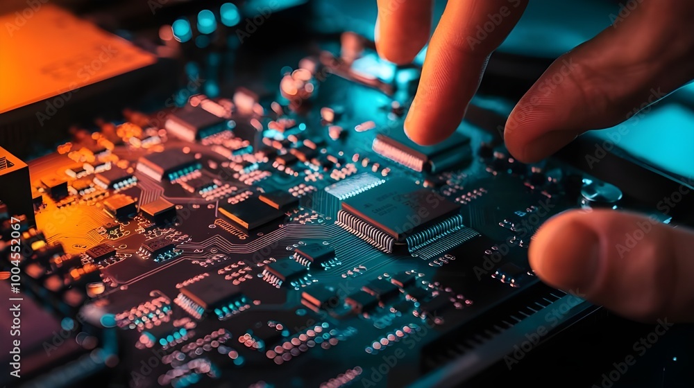 Obraz premium Closeup of Fingers Working on Circuit Board with Red and Blue Lighting