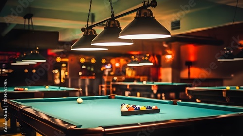 Pool Table Game Room Interior With Lights and Balls