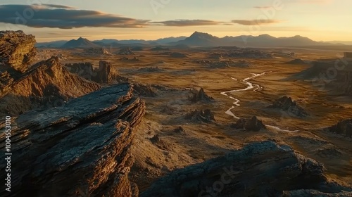 A vast, arid landscape with a winding river cutting through it. The sun is setting in the distance, casting a warm glow over the scene.