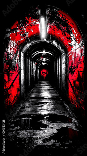 Eerie underground tunnel with horror-themed graffiti and blood-red splashes, featuring demonic faces and skulls in a black and white environment with intense lighting. photo