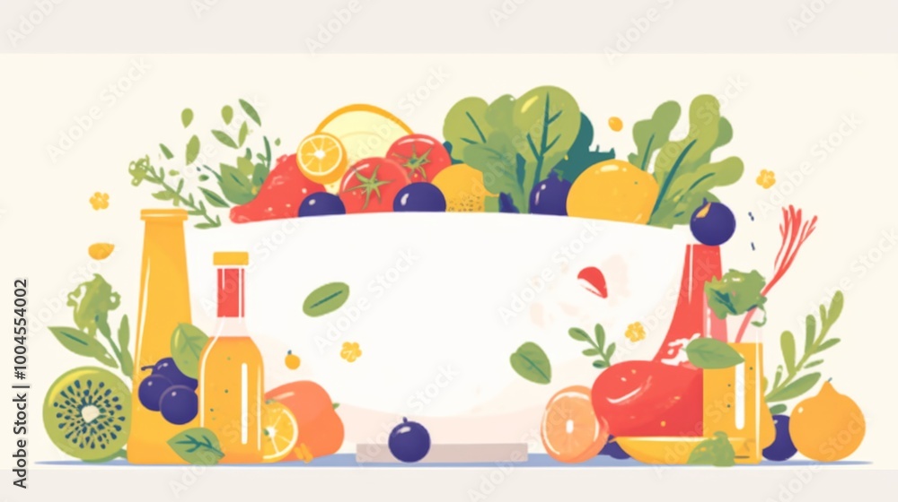 Fototapeta premium Flat vector illustration of a bowl filled with healthy fruits and vegetables, accompanied by smoothie bottles on a table
