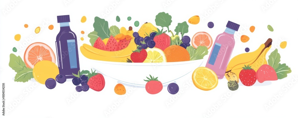 Flat vector illustration of a bowl filled with healthy fruits and vegetables, accompanied by smoothie bottles on a table Flat vector illustration of a bowl filled with healthy fruits and vegetables, accompanied by smoothie bottles on a table