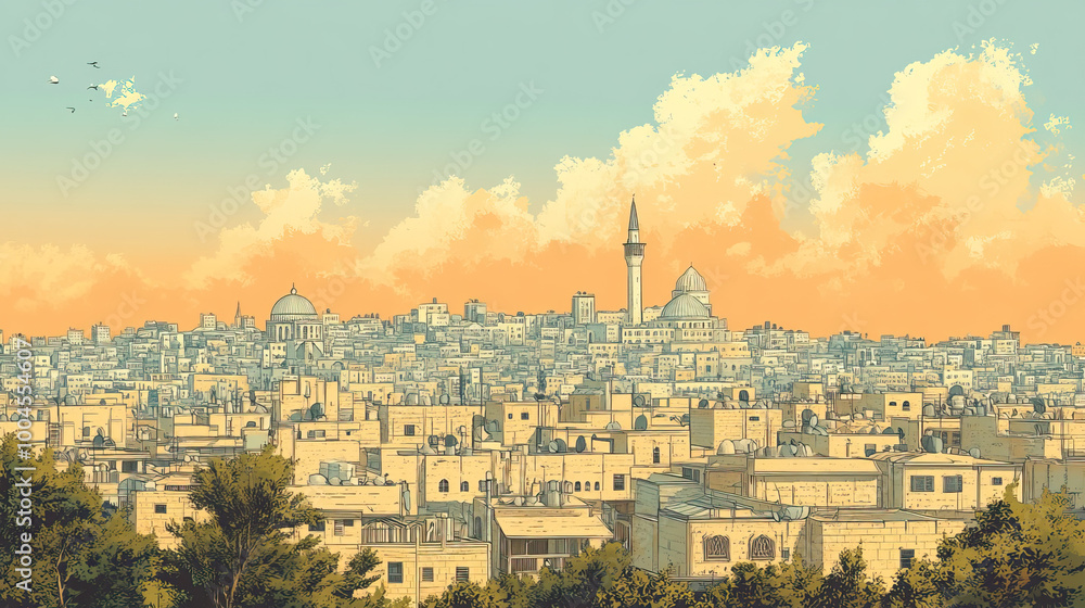 Fototapeta premium Ramallah, West Bank, color pen pencil hand-drawn effect drawing illustration for travel poster, card, wallpaper, backdrop or banner. Modern, clear, artistic and simple