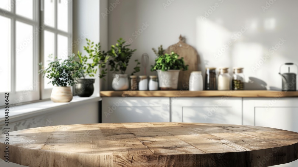 Empty beautiful round wood tabletop counter on interior in clean and bright kitchen background, Ready for display, Banner, for product montage, Empty beautiful round wood tabletop counter on interior in clean and bright kitchen background, Ready for display, Banner, for product montage,