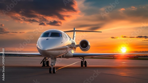 Private Jet Poised on Runway with a Sunset Backdrop, Capturing the Essence of Luxury Air Travel and Elegance.