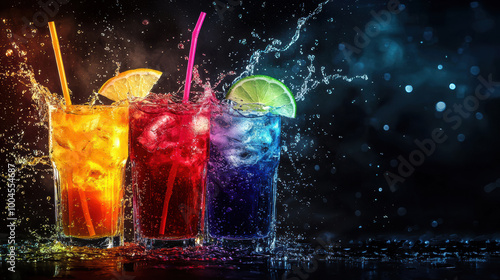 Colorful drinks splash in vibrant hues, showcasing orange, red, and blue beverages with ice and citrus garnishes. dynamic movement creates energetic and refreshing scene