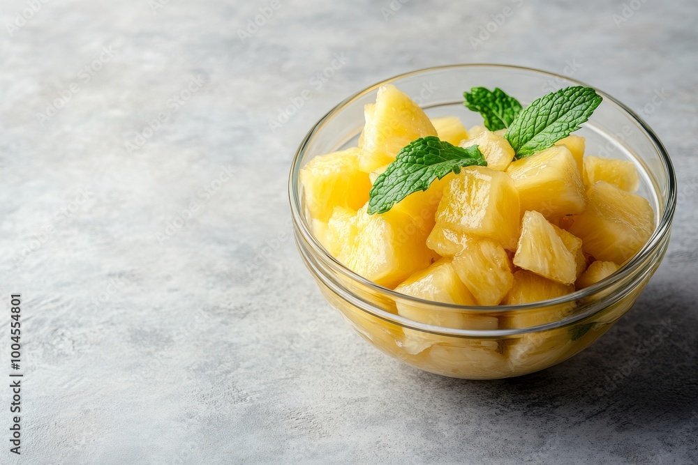 Fresh Pineapple Chunks in a Glass Bowl with Mint Leaves Fresh Pineapple Chunks in a Glass Bowl with Mint Leaves