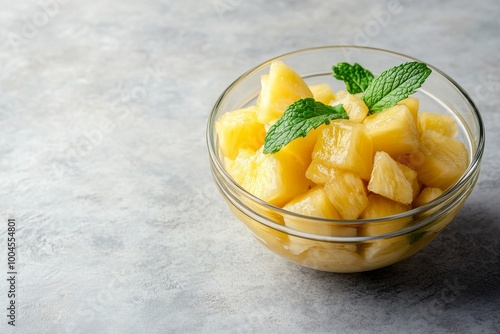 Fresh Pineapple Chunks in a Glass Bowl with Mint Leaves