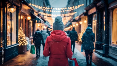 Woman Walking in Snowy Winter City Street with Christmas Lights