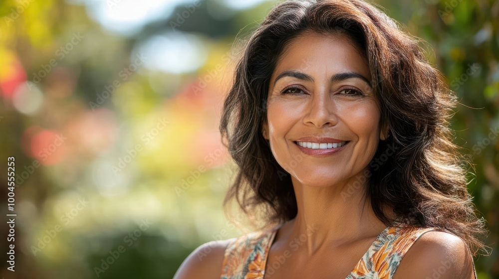 Portrait of a confident, smiling middle-aged Hispanic woman in her 40s or 50s, radiating positivity outdoors, showcasing Latin American pride, generative ai Portrait of a confident, smiling middle-aged Hispanic woman in her 40s or 50s, radiating positivity outdoors, showcasing Latin American pride, generative ai