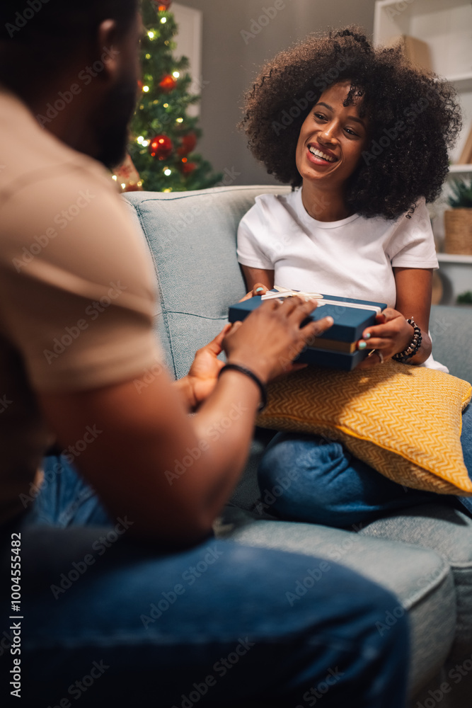 Obraz premium Smiling woman receives a gift from a man on the sofa.