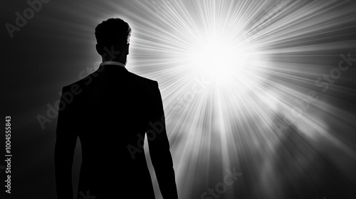 Silhouette of a leader with light rays projecting forward, vision concept, neutral backdrop.