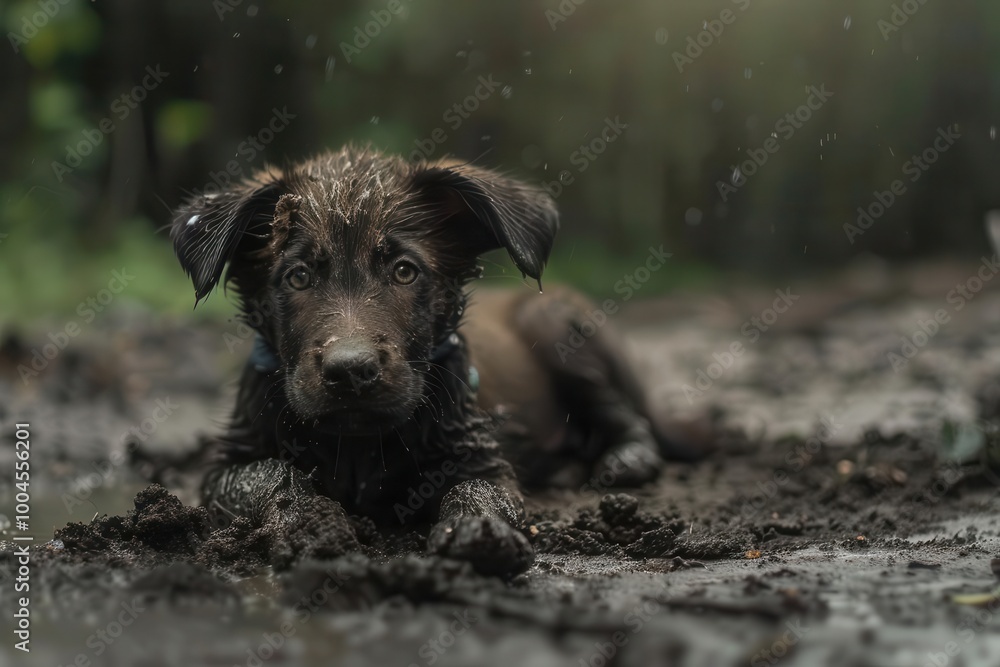 Homeless puppy lying on muddy ground, focus on wet fur, soft lighting, copy space Double exposure silhouette with mud Homeless puppy lying on muddy ground, focus on wet fur, soft lighting, copy space Double exposure silhouette with mud