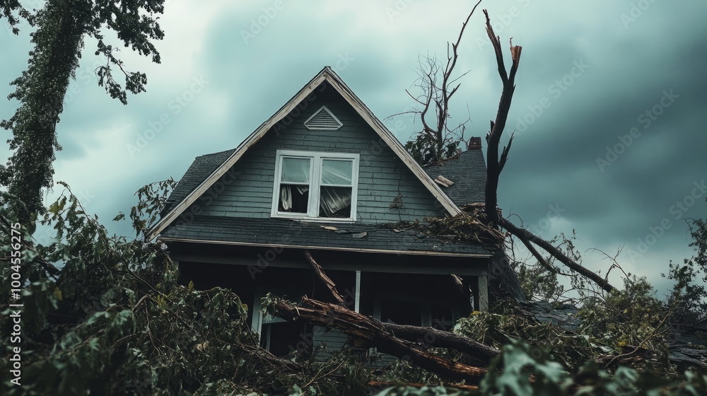 Tornado-Damaged House with Broken Roof and Fallen Trees: A Harrowing View of Nature's Fury and the Aftermath of a Devastating Storm. Tornado-Damaged House with Broken Roof and Fallen Trees: A Harrowing View of Nature's Fury and the Aftermath of a Devastating Storm.