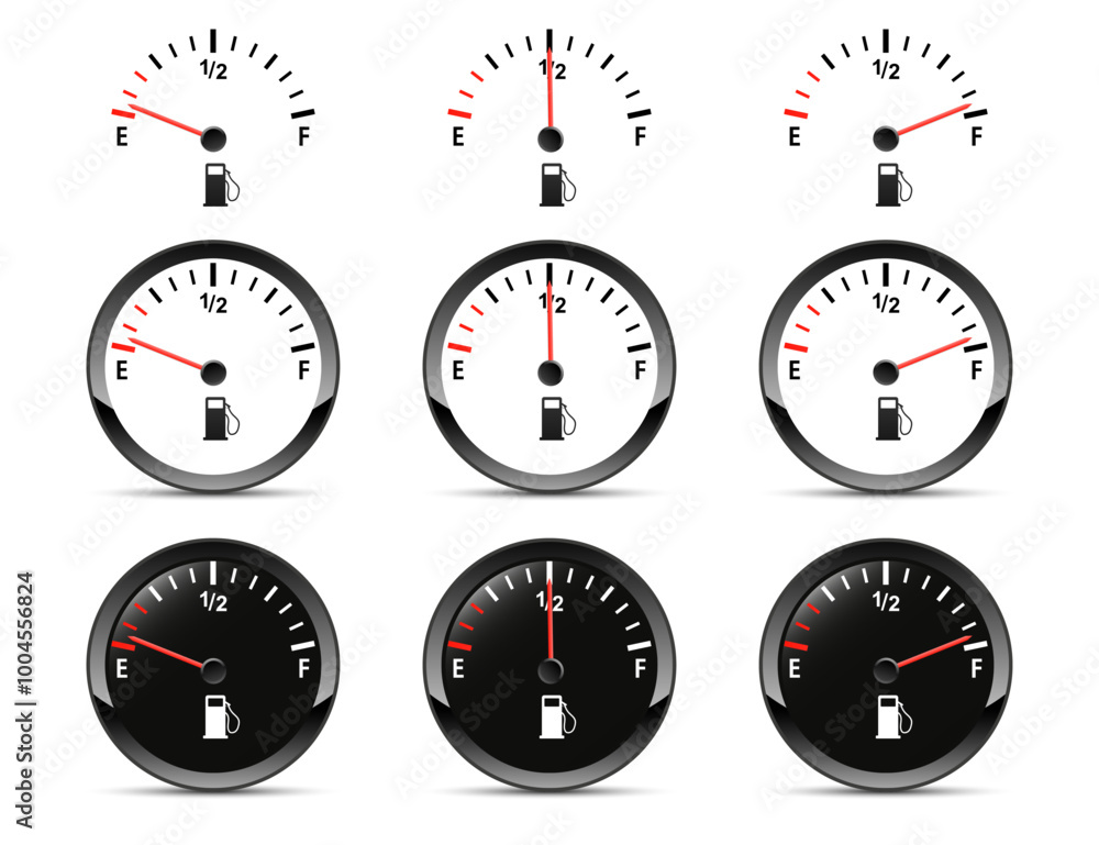 Naklejka premium Round black car dashboard 3d device. Set of Fuel gauge. low middle and a full tank. Fuel Indicator, Gas Meter, Sensor. Car speedometer. Fuel gauge isolated on white background. Vector illustration