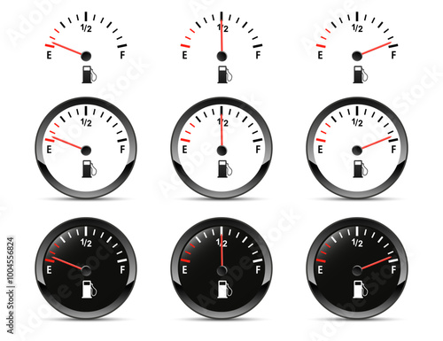 Round black car dashboard 3d device. Set of Fuel gauge. low middle and a full tank. Fuel Indicator, Gas Meter, Sensor. Car speedometer. Fuel gauge isolated on white background. Vector illustration