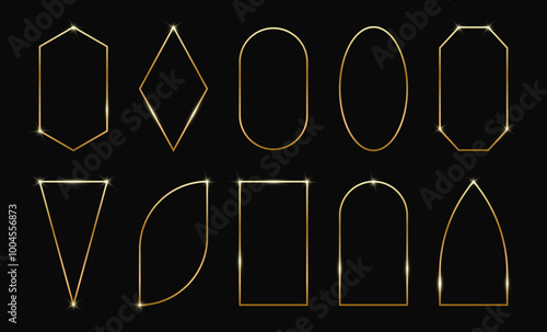 Collection of thin linear gold frame. Celestial frame, arch and border. Luxury gold borders for for wedding invitation. Elegant with sparkle and radiance on a black background. Vector illustration