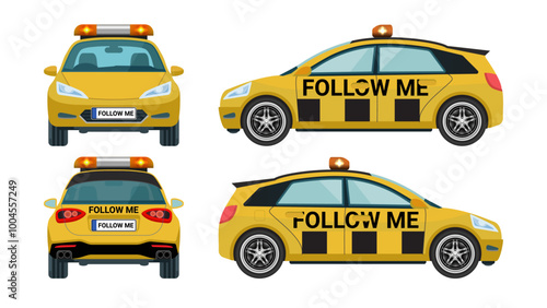 Yellow 'Follow Me Car' Vector Illustration - Front, Side, Rear, and Back Views for Airport Services, Print, Website, and Logo Design