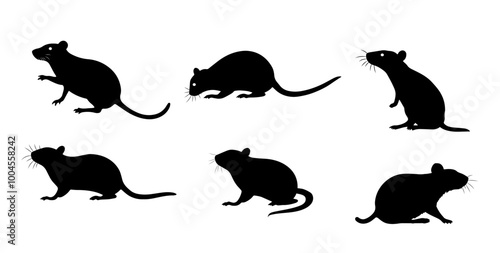 A set of Rat silhouette black color in different sitting and standing style, side pose and playing. Vector