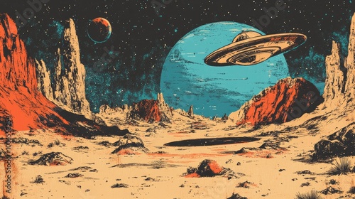 Fototapeta Naklejka Na Ścianę i Meble -  A vintage style illustration depicting a UFO flying over a desert planet with a large crater in the foreground and a blue planet in the background.