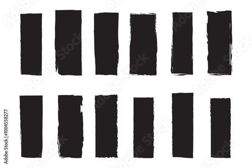 Set of grunge jagged rectangle shape black and white. Cardboard scrap collage frame and old page scratch sheet. Black torn paper sheet for sticker, ripped jagged borders on white background.