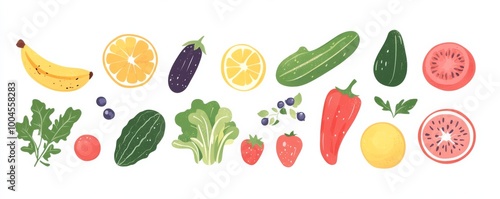 Wallpaper Mural A flat vector illustration of various healthy food items including fruits, vegetables, and smoothies Torontodigital.ca
