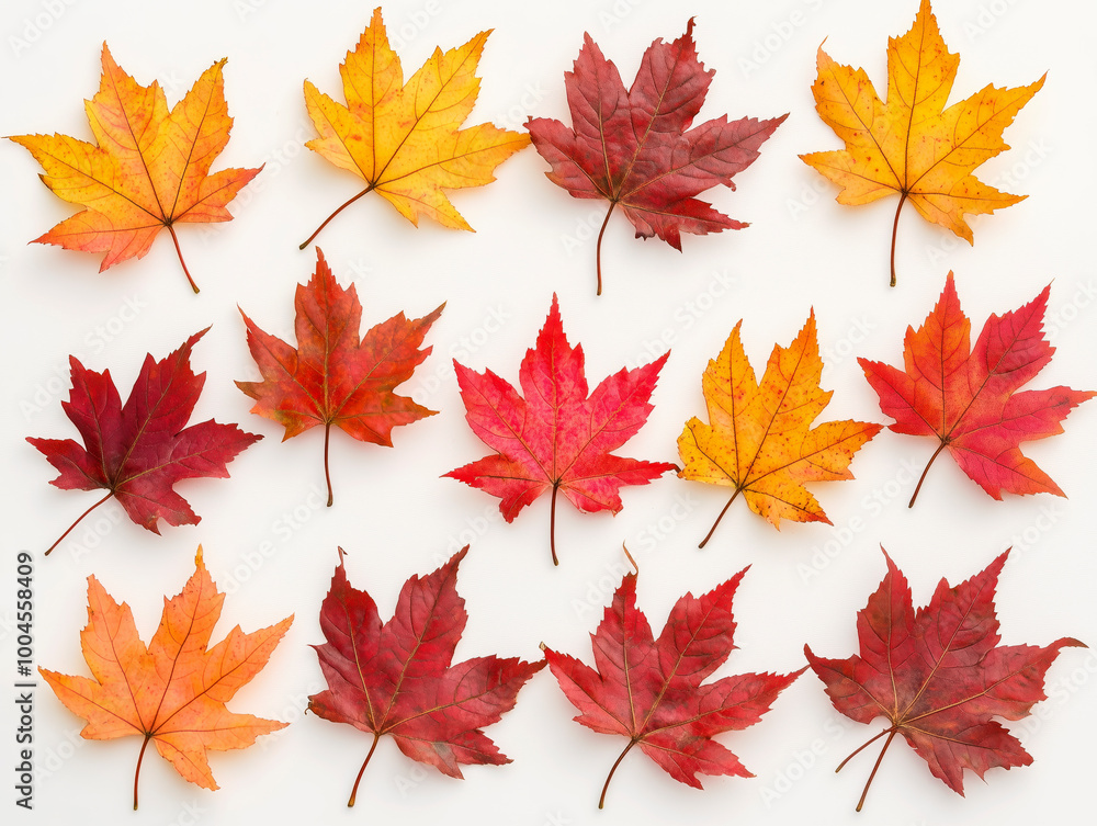 Orange and red autumn fall maple leaves on a white background Orange and red autumn fall maple leaves on a white background