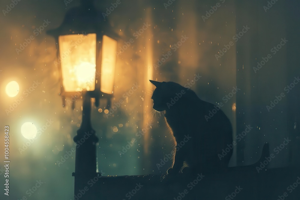 Fototapeta premium Sad stray cat under streetlight, focus on its tired expression, warm tones, copy space Double exposure silhouette with lamp post