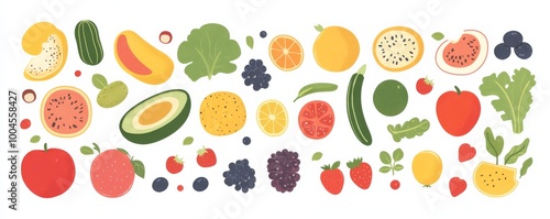 A flat vector illustration of various healthy food items including fruits, vegetables, and smoothies