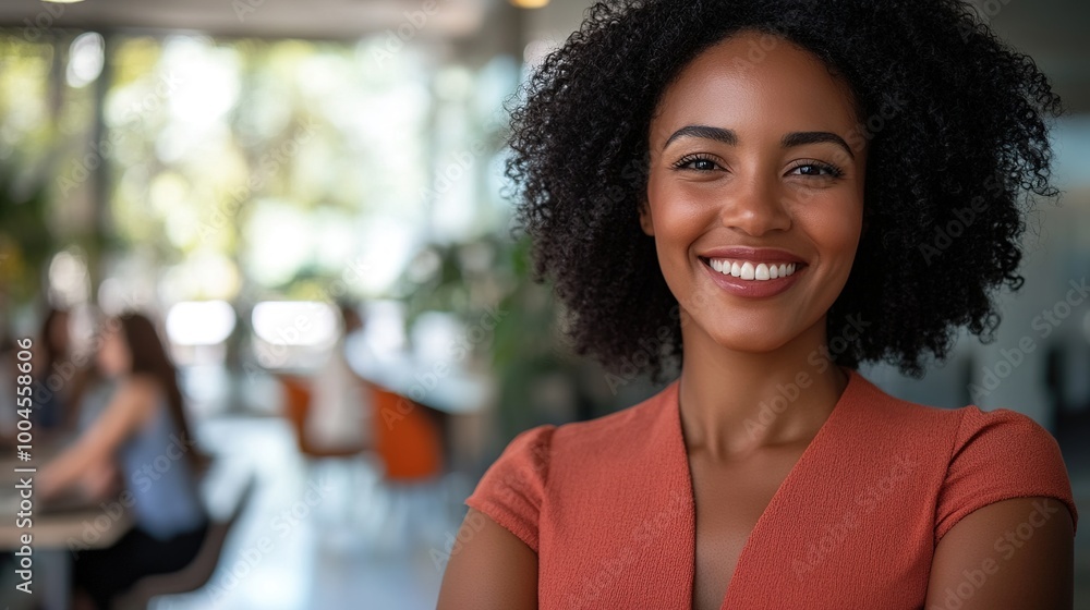 Confident Woman Smiling in Modern Office Space Confident Woman Smiling in Modern Office Space