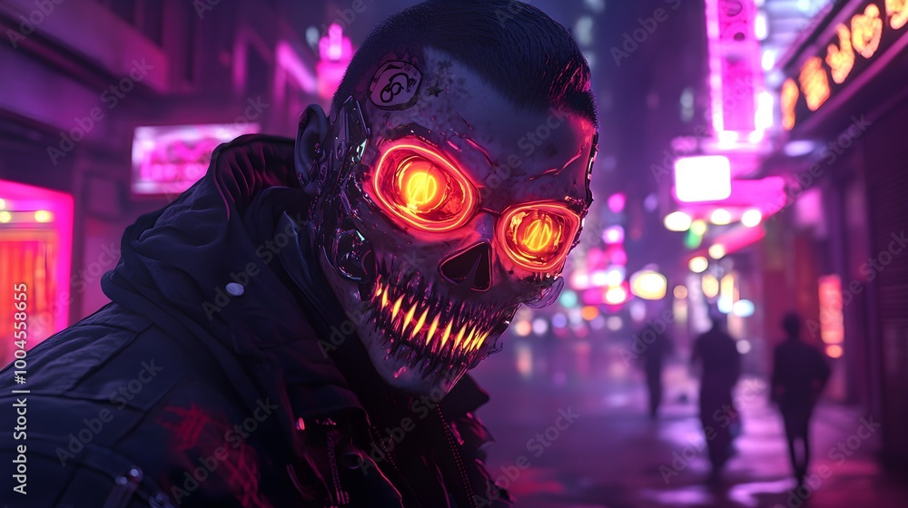 Futuristic Punk Skull with Neon Glow in Urban Setting Futuristic Punk Skull with Neon Glow in Urban Setting