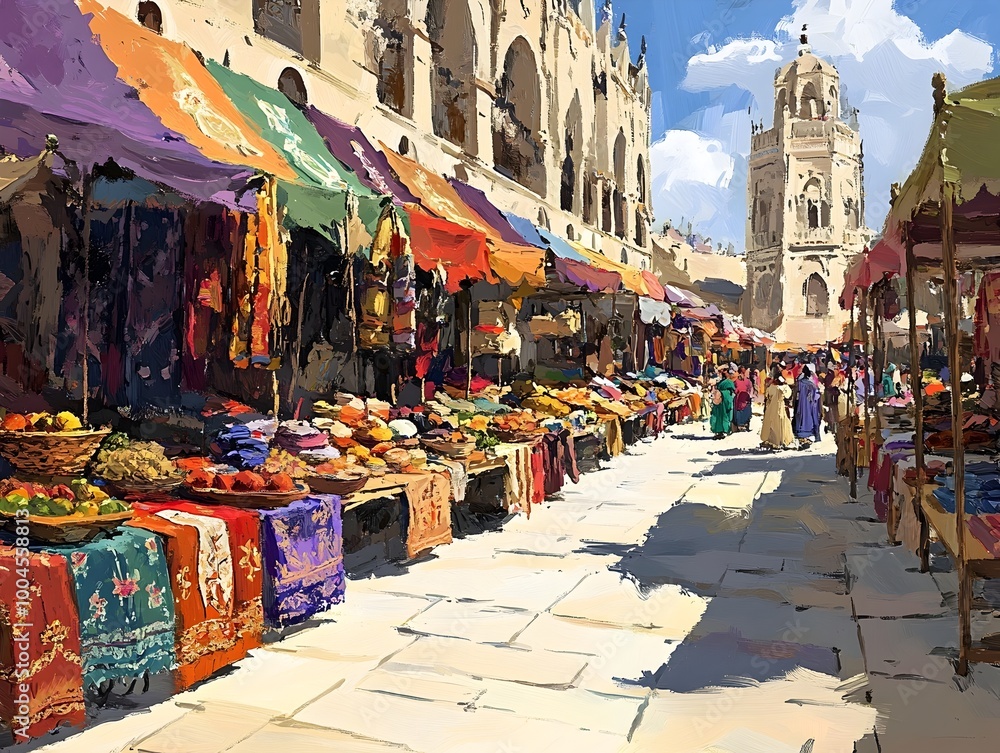 Obraz premium Energetic outdoor marketplace teeming with life featuring rows of vendor stalls displaying an eclectic mix of handmade goods textiles and exotic produce set against a backdrop of ornate