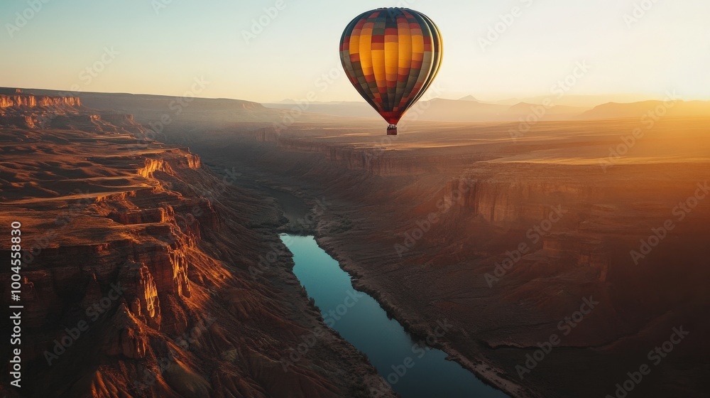 Obraz premium A vibrant hot air balloon hovers peacefully above a stunning canyon, reflecting the warm hues of dawn as the river winds below. The tranquility captures the beauty of early morning adventures