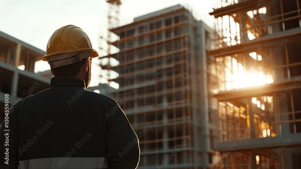 Worker observing construction at sunset. Worker observing construction at sunset.