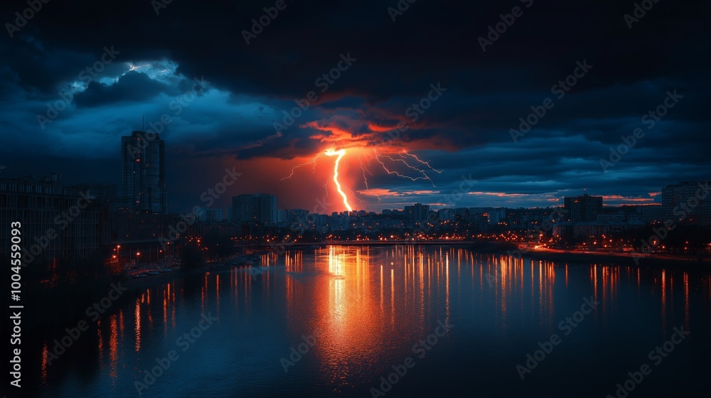 A lightning strike illuminates a city at night, reflecting on the water, with dark storm clouds and an orange glow in the sky A lightning strike illuminates a city at night, reflecting on the water, with dark storm clouds and an orange glow in the sky
