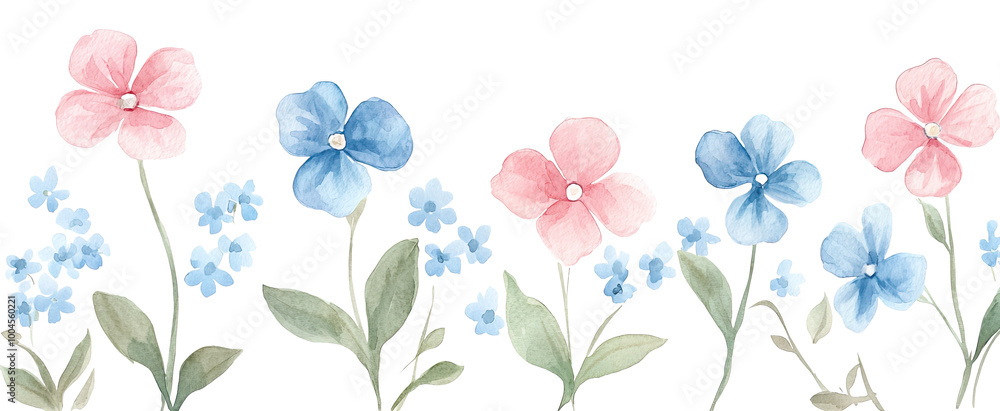 Watercolor wildflowers with soft blue and pink blossoms Watercolor wildflowers with soft blue and pink blossoms