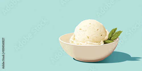 Dairy-free ice cream scoop in a small dish on a flat surface with no toppings, sweet illustration