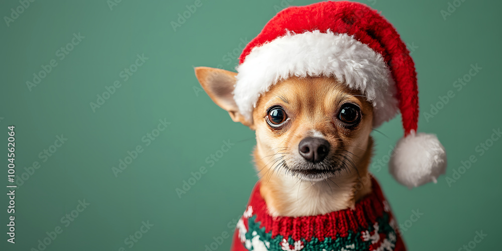 A small Chihuahua dressed in a festive sweater and a Santa hat looks playfully at the camera, embodying the joyful spirit of the holiday season. Dress up your pet for Christmas A small Chihuahua dressed in a festive sweater and a Santa hat looks playfully at the camera, embodying the joyful spirit of the holiday season. Dress up your pet for Christmas