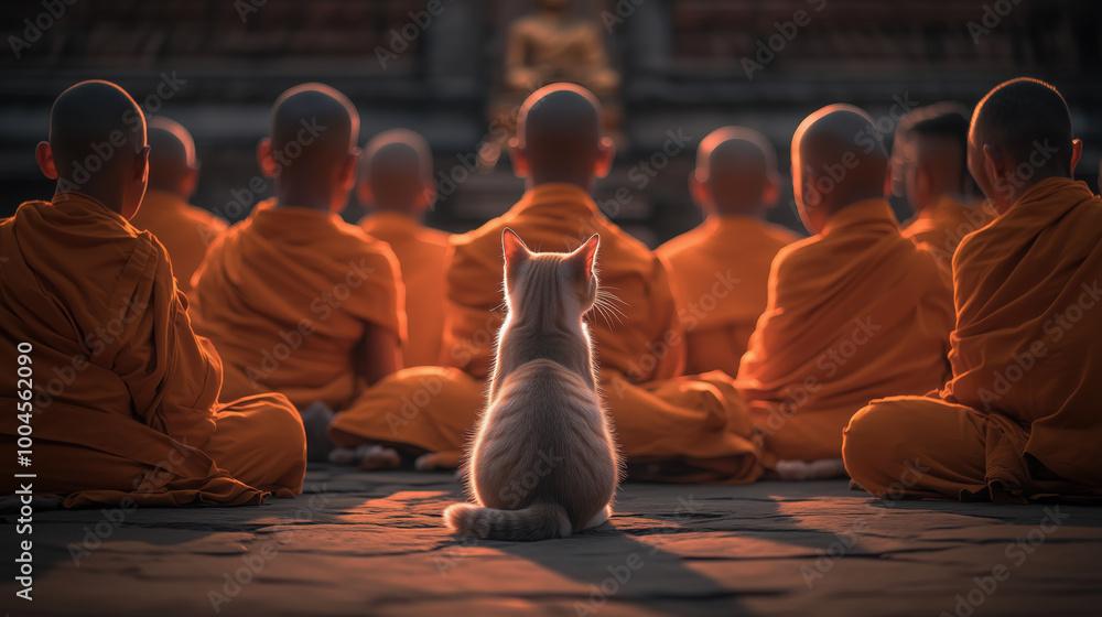 serene cat sits peacefully among monks in ancient temple, reflecting tranquility serene cat sits peacefully among monks in ancient temple, reflecting tranquility